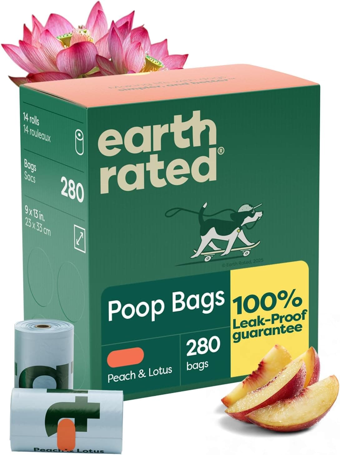 Earth Rated Poop Bags for Dogs, Guaranteed Leak Proof, Peach and Lotus, 280 Count