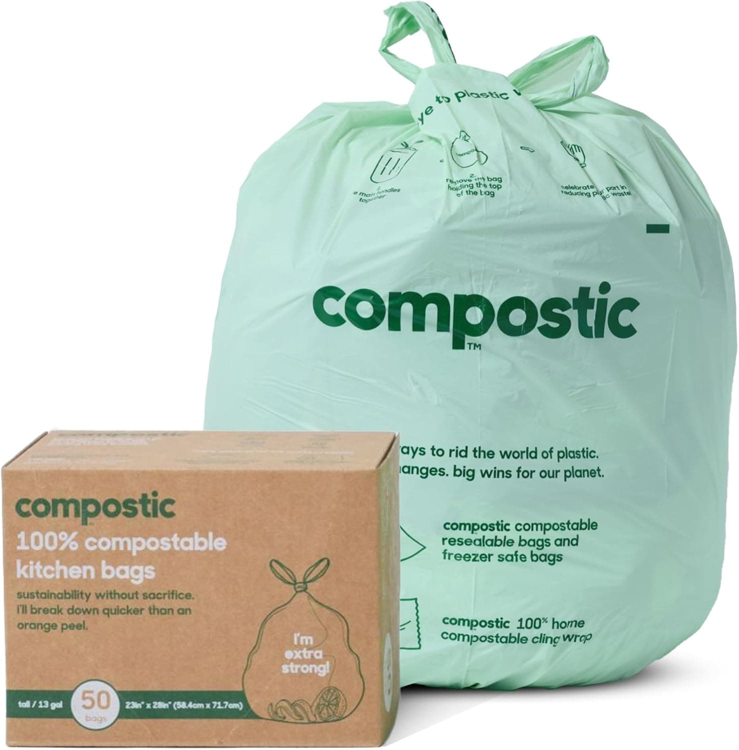 Compostic Home Compostable Trash Bags, Extra Strong & Quickly Breaks Down, 13 Gallon, 50 Count