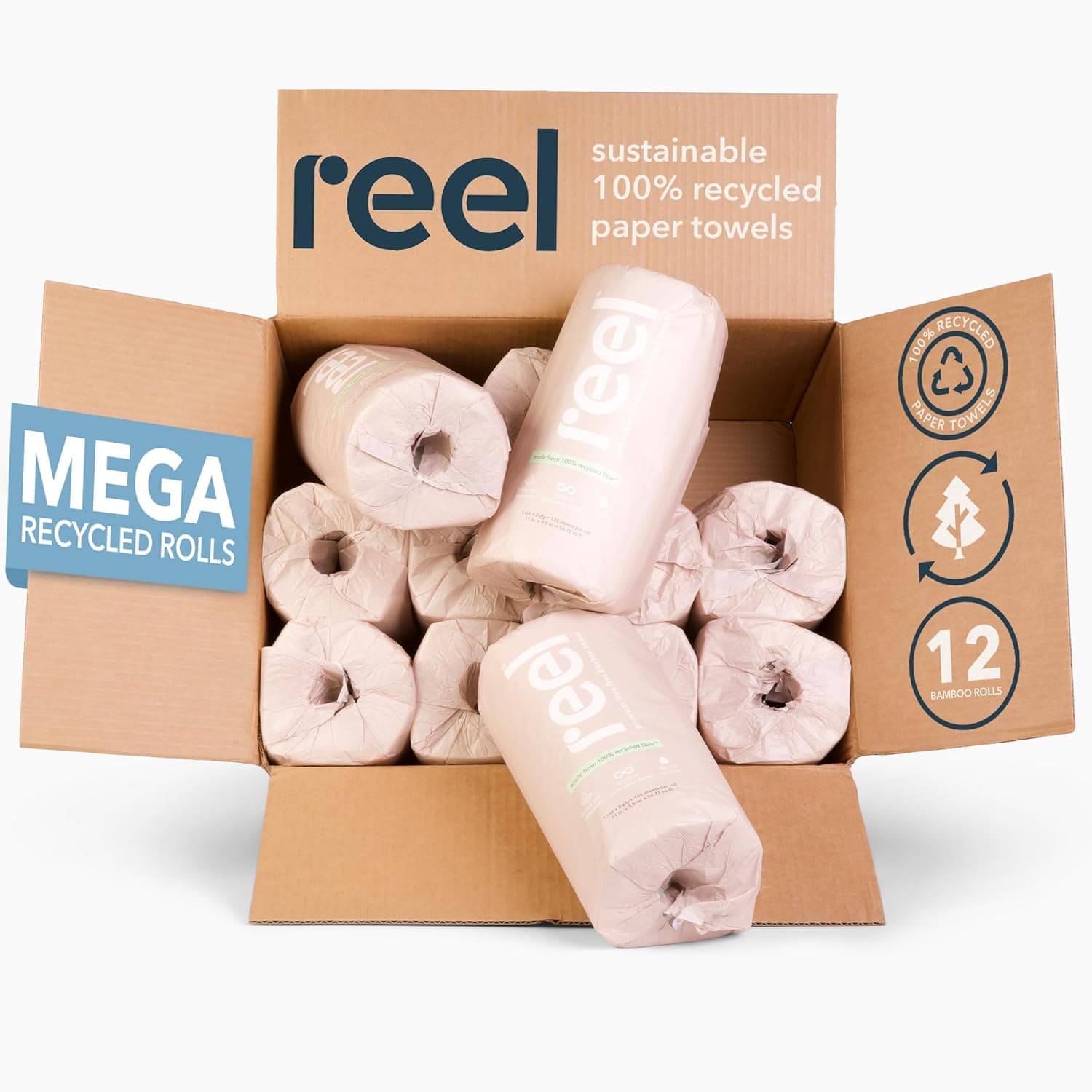 Reel Premium Recycled Paper Towels - Zero Plastic Packaging, 12 Rolls