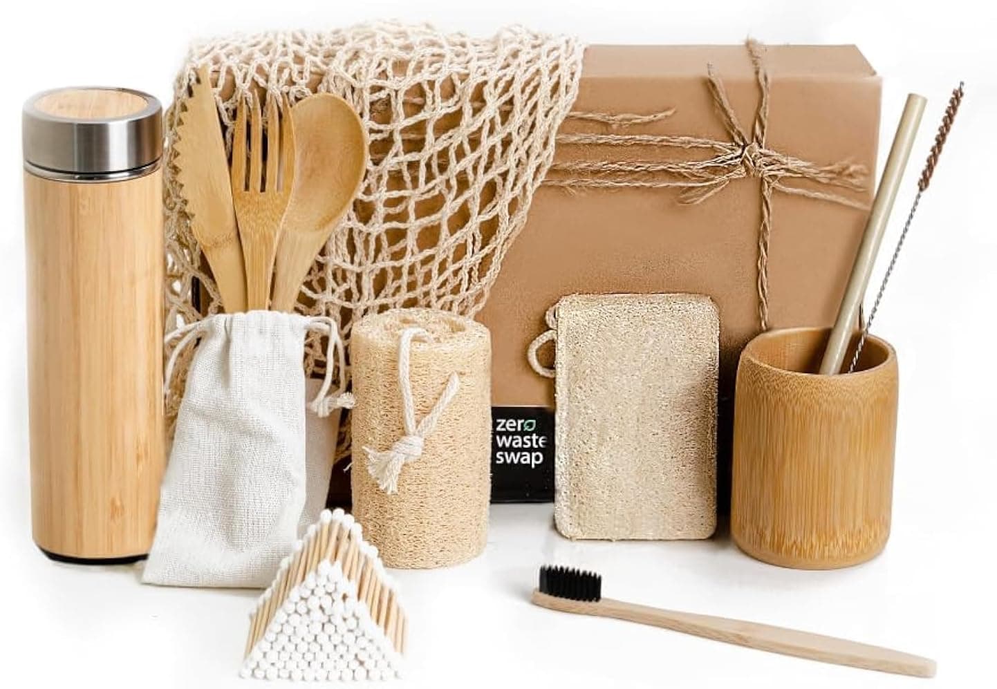 Zero Waste Starter Kit - Thermos Bottle, Cup, Mesh Grocery Bag, Cutlery Set, Loofah Sponge Set, Toothbrush, Cotton Buds