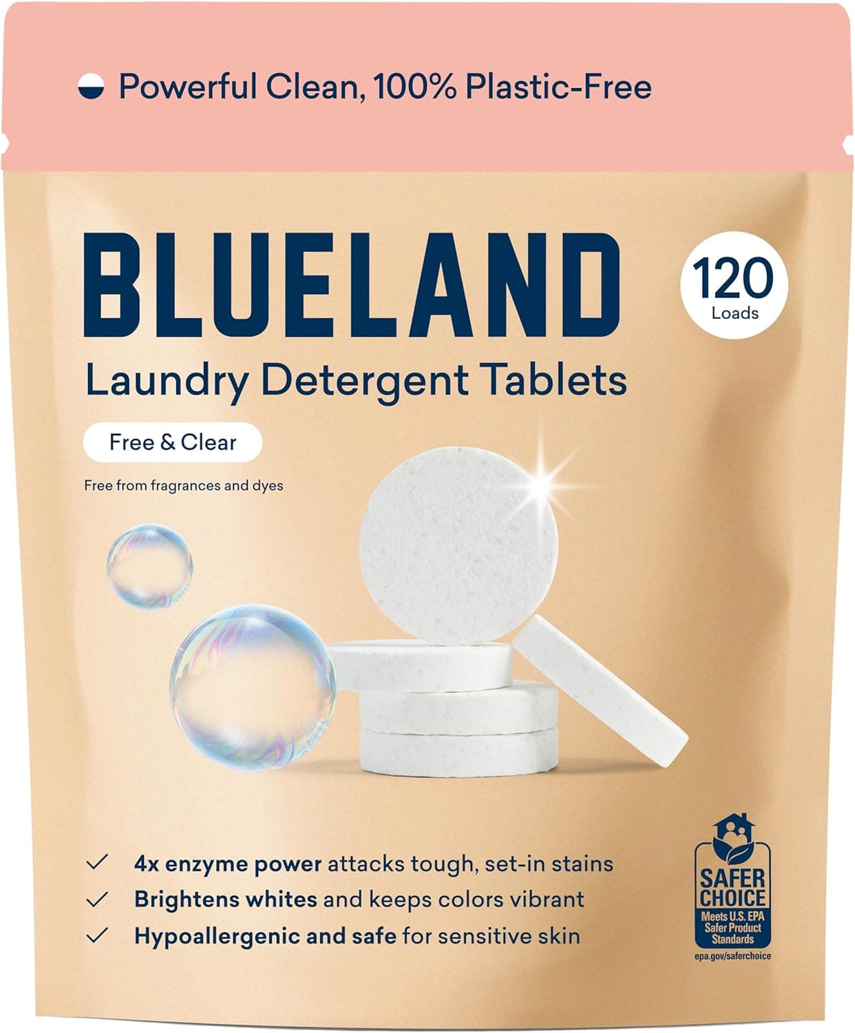 BLUELAND Laundry Detergent Tablets, Free and Clear, 120 Count