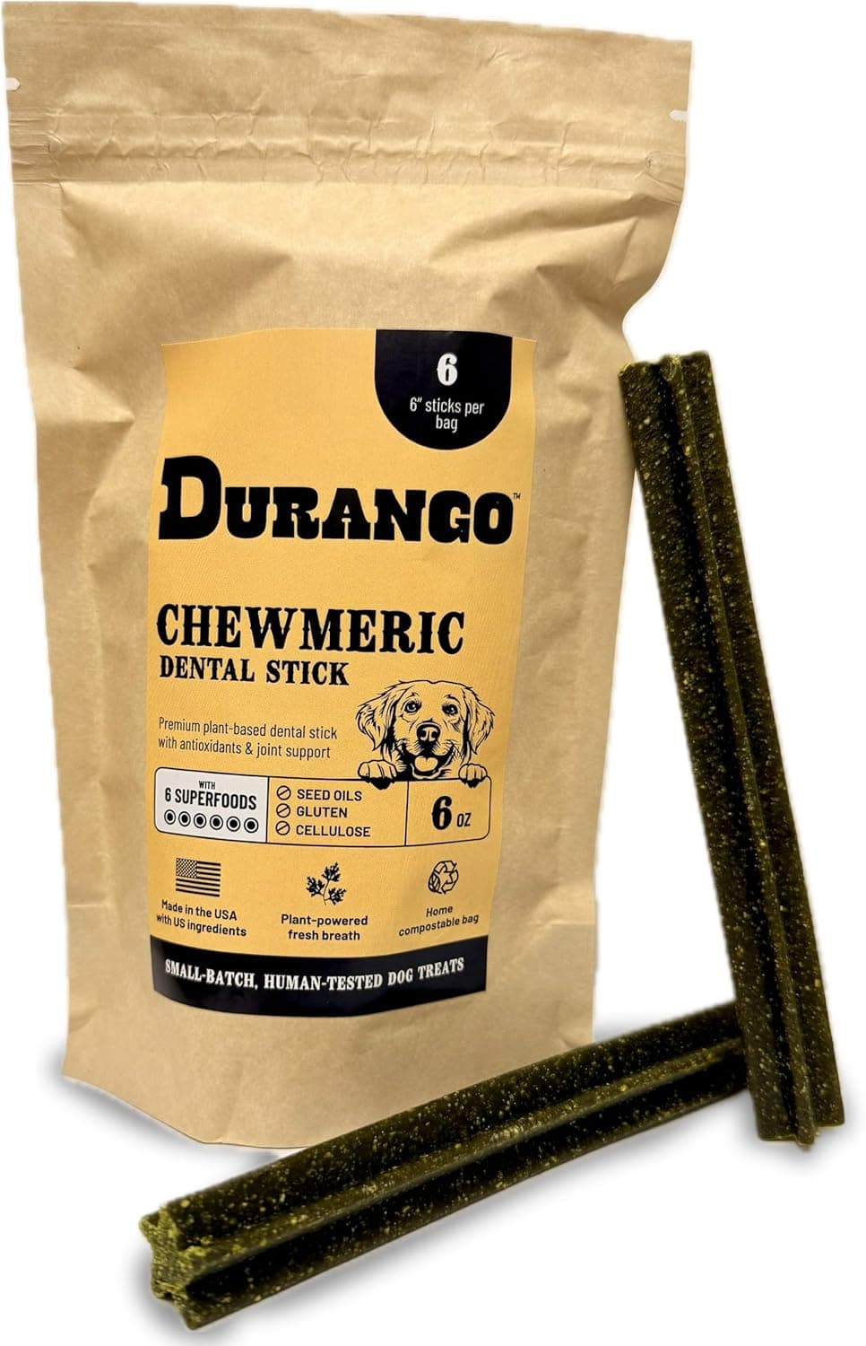 Durango Chewmeric Dental Sticks for Dogs - 6” Plant-Based Dog Chews, Grain-Free Vegan Treats, 6 Count