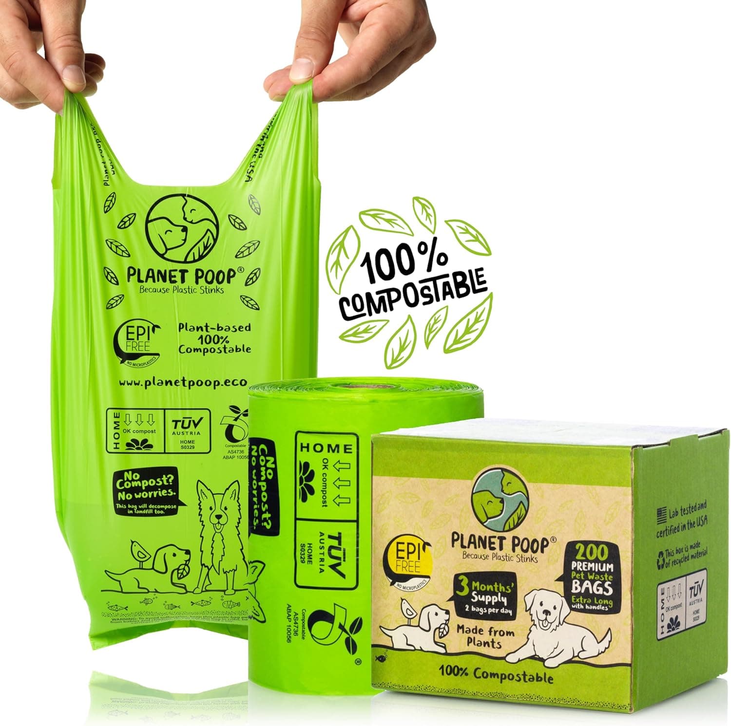 PLANET POOP Home Compostable Dog Poop Bags Extra Long with Handles, 200 Count