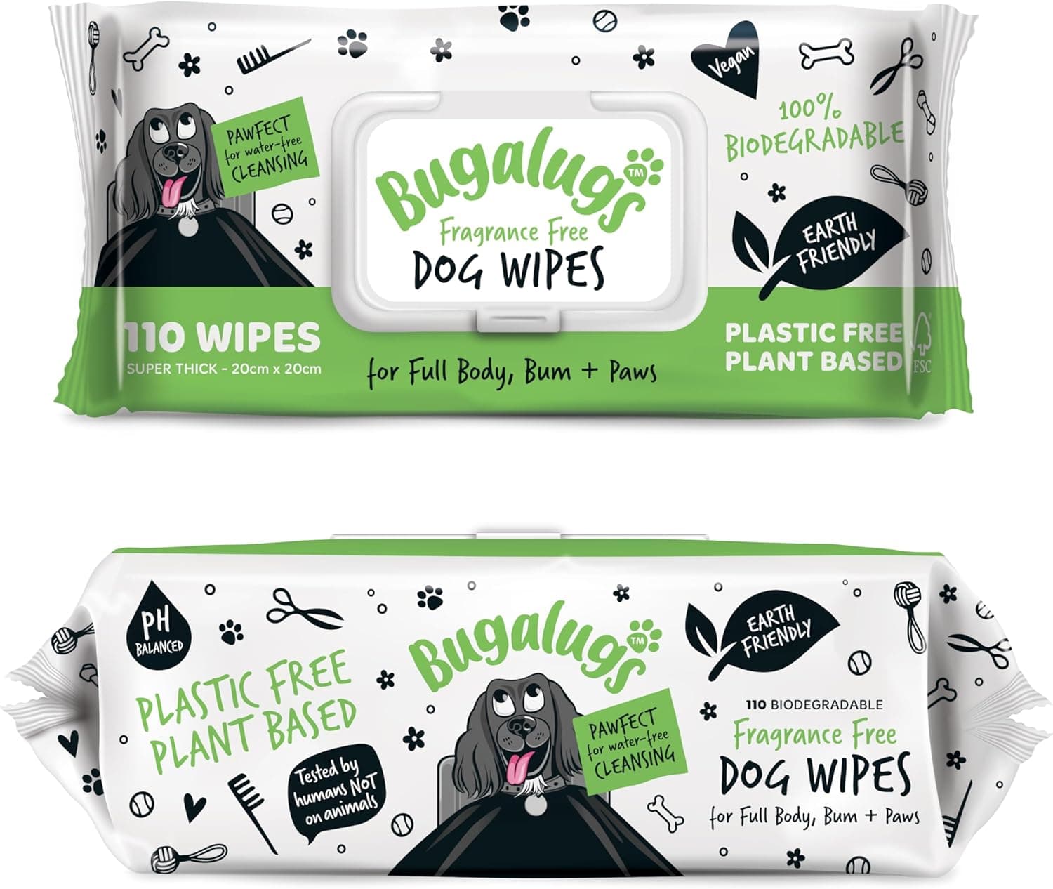 BUGALUGS Dog Wipes, 100% Plastic Free Biodegradable, Fragrance Free, 110 Count